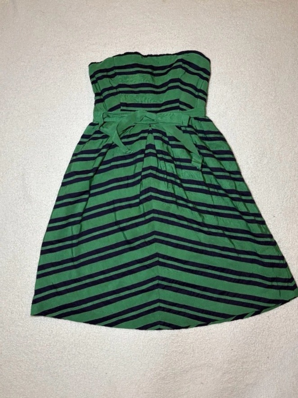 Moulinette Soeurs Green and Navy Striped Strapless Dressing with Waist Tie